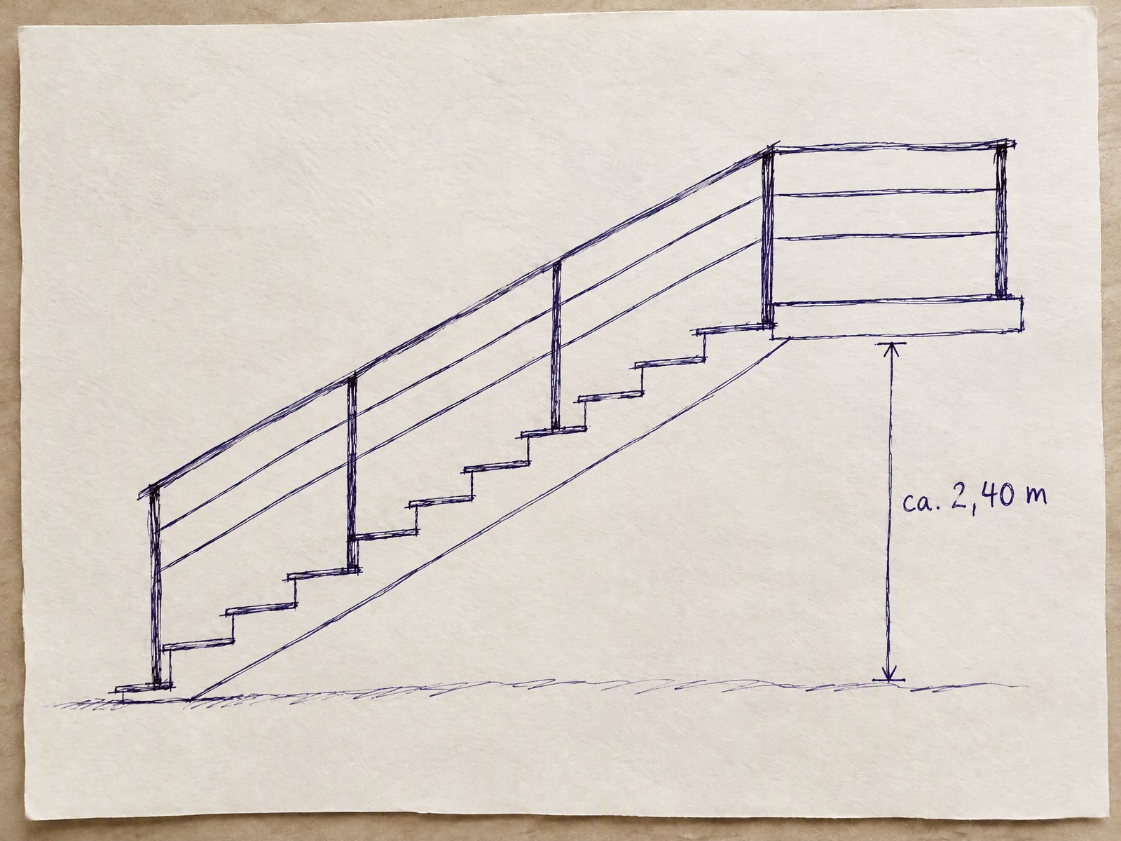 Handskizze einer Treppe mit Terrassengeländer und Höhenangabe